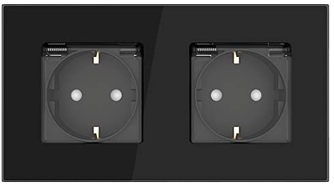 PULSAR Doppel-Steckdose mit Deckel Unterputz Glas Schwarz, Zweifachsteckdose 250V 16A mit Klappdeckel, Steckdosen 2-Fach 157 x 86mm für Bad, Küche, Feuchtraum, IP44