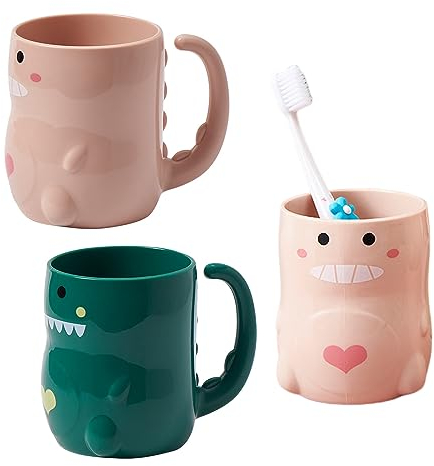 Counius 2 Pieces Zahnputzbecher Kinder Dinosaurier Mundwasser Tasse Cartoon Zahnputzbecher Kunststoff Set Dauerhaft mit Henkel Waschmundbecher Home Bürsten Tasse zweifarbiger für Travel Camping