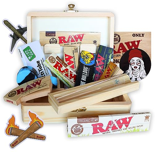 Boîte en bois pour le stockage 16 x 12 x 5 – Kit pour fumeurs + Accessoires pour cigarettes : Papier à rouler Raw + Bulldog + Actitube + Wax + 4 x autocollant
