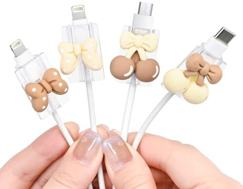 Cute Cable Protector for iPhone/iPad/Type-C Cable, 4pcs Set Charging Cord Protector Lovely 3D Cherry Bow Tie Design Anti-Break Cord Cover, Cable Sleeve,Cable Case, Cable Chomper-White Brown
