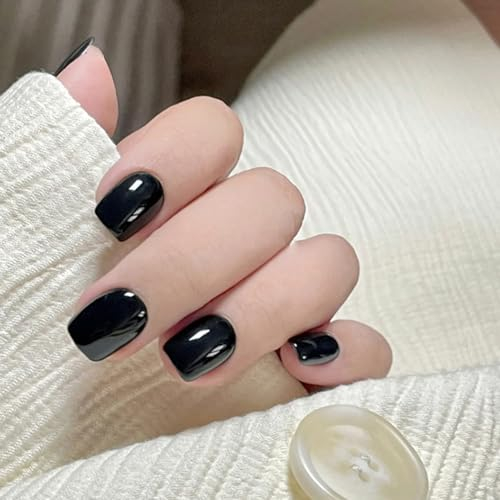 Ceboic 24 Pièces Faux Ongles Court Carré, French Couleur Pure Press on Nail, Ballerine Ongles à Coller Naturel Glossy Acrylique Faux Ongles pour Femmes et Filles DIY Manucure (Noir Brillant)