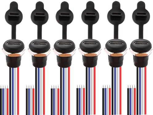 RUNCCI-YUN 6PCS USB C Type-C Female Chassis 4Pin Soldering Jack Waterproof USB C Pigtail Cable Extension Power Cable Micro USB Type C Panel Mount Connector 3A USB-C Charger Plug Black