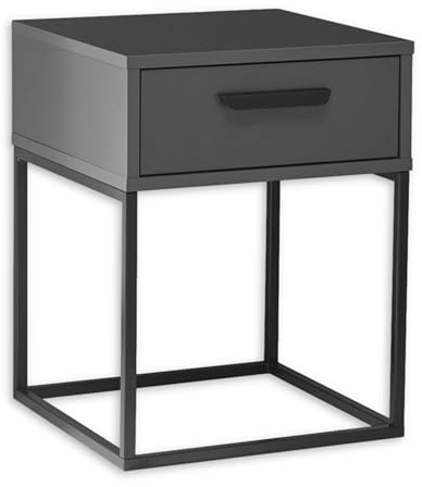 SUNA Nachttisch in Graphit - Moderner Nachtschrank mit Schublade und schwarzem Metallgestell - 40 x 52 x 38,5 cm (B/H/T)