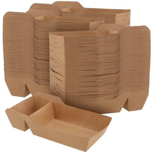 TAICHEUT 200 Pack Brown Paper Food Trays, 16 Oz Stackable Disposable Kraft Nacho Boat Trays, Small Fast Food holders Container for Hot Dogs Snacks Tacos Fries restaurants