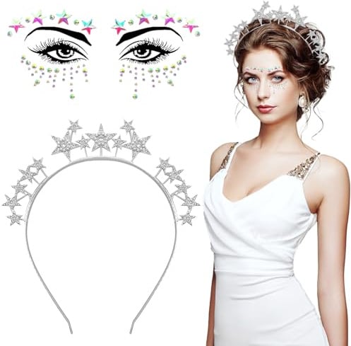 Lets Joy Sterne Haarreif, Silber Sterne Stirnband, Sterne Gesichtstattoo Karneval, Strass Haarbänder, Stern Kristalle Temporäre Tattoos, Glitzer Stern Party Kopfschmuck Tätowierung Cosplay Festival