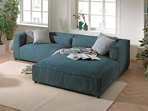 Lisa Design ELA– 4-Sitzer Ecksofa rechts – Cordsamt – 4-Sitzer – moderner Stil Entenblau