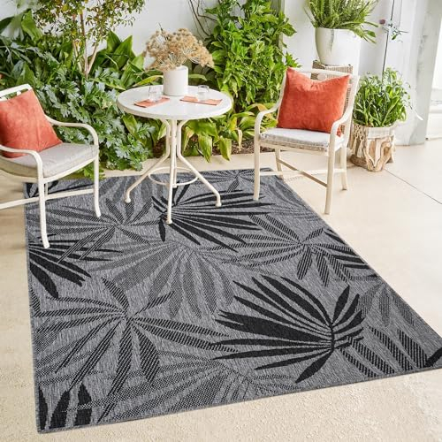 payé In- & Outdoor-Teppich - Anthrazit Grau - 160x230cm - Wendeteppich - Florales Muster - Wetterbeständig für Balkon Terrasse - Indoor Teppiche Wohnzimmer Küche