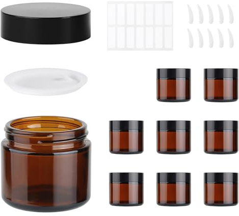 MirraSwit 8 Pcs Brown Glass Jars 60ml, Glass Cosmetic Jars with Label Stickers, Scraping Spoons, Travel Pots with Lids for Cosmetics, Lotion, Creams