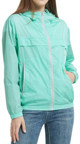RAGEMAN Giacca impermeabile da donna per attività all'aperto, ad asciugatura rapida, giacca a vento, ciclismo, sport, ripiegabile, con cappuccio, in primavera e autunno, 100% nylon, verde acqua, L,