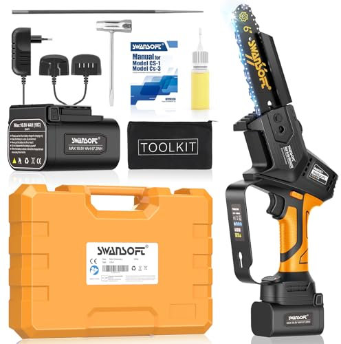 SWANSOFT Mini Motosierra a Batteria Professionale, 6'' 16,8V 4Ah 500W a Mano con Blocco di Sicurezza e Sistema di Lubrificazione Automatico - Motosega Elettrica per Alberi, Ramificazioni (YELLOW)