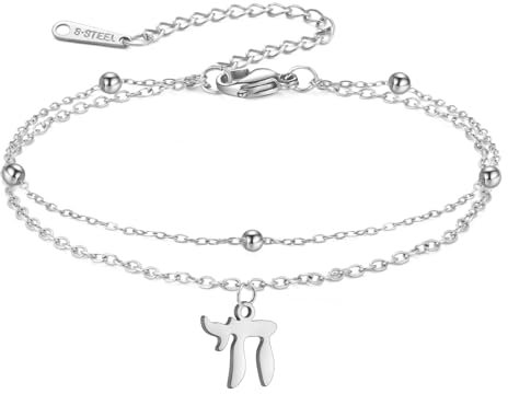Amaxer Zierlicher Davidstern hebräisches Chai-Symbol mit Perlen, Doppelkette, Fußkettchen, Chanukka, Magen, Judaisch, jüdischer Charm, verstellbares Armband, L22cm, Edelstahl, Kein Edelstein