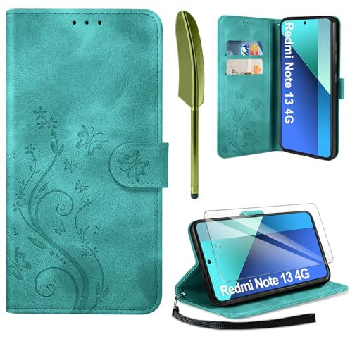 AROYI Lederhülle Kompatibel mit Xiaomi Redmi Note 13 4G (Nicht für 5G) Hülle und Schutzfolie, Flip Wallet Handyhülle PU Leder Case Schutzhülle Kompatibel mit Xiaomi Redmi Note 13 Dunkel Grün