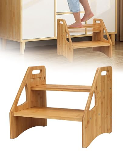 Tefola Escalera 2 Peldaños, Baño Escalon, Altura del Suelo Ajustable Escalon Peldaño, Soporta 300 Libras Escalera Madera, Taburete Escalera con asa Portátil