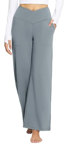 baleaf Weite Hose Damen Yogahose mit Taschen Stoffhose Hohe Taille Jogginghose Straighthose Bauchkontrolle Schlaghose Sporthose Grau 3XL