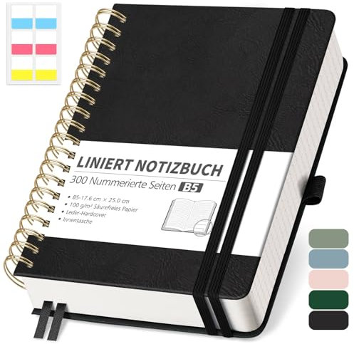 RETTACY Notizbuch B5 Liniert, Bullet Journal mit 100 g/m² Dickem Papier, 150 Blatt/300 Nummerierten Seiten, Collegeblock für Büro und Schule, Lederhülle, Schwarz, 17.6 cm x 25 cm