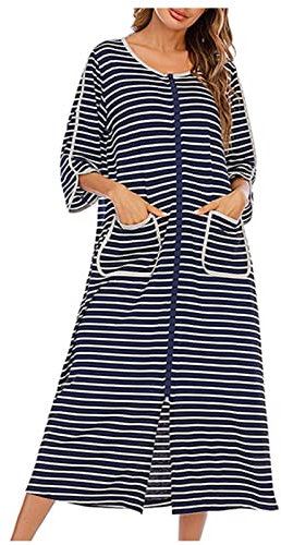 NSICBMNO Blue Zip Dressing Gowns For Women Uk Striped Pyjamas Lightweight Bath Robes Short Sleeve Nighties Long Nightgowns Soft Dressing Gown Nightwear Ladies Nighties With Pockets Homewear