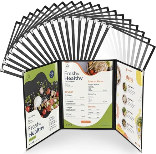 20 Pack A4 Menu Covers, WenYa Clear Recipe Card Holders with Black Trim & Metal Corners, Waterproof Plastic Restaurant Menu Holders for Cafés, Pubs & Home Use - 3 Pages(Tri-Fold) (6 Views)