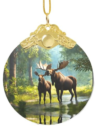 SABFWF Runder Anhänger mit Hirschbär-Elch-Aufdruck, handgefertigt, Vintage-Stil, dekorativer Anhänger, für den Innenbereich, Glas