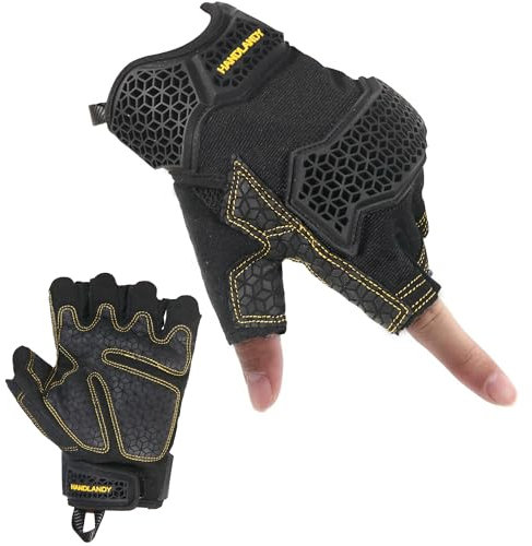 HLDD HANDLANDY Fingerlose Arbeitshandschuhe Männer - Gepolsterte halbe Finger Motorradhandschuhe mit TPR Aufprallschutz für Kampf, Jagd, Outdoor-Arbeit