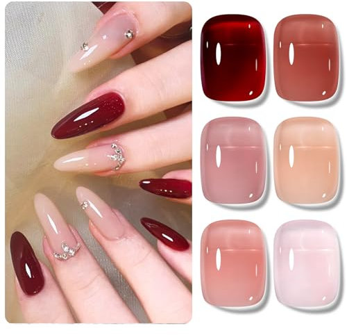 Shining She Smalto Semipermanente Unghie, 6 Colori Nude Rosa Rosso Trasparente Jelly Smalti Semipermanenti per Unghie, Autunno Inverno Smalto Gel Unghie UV LED Nail Salon per Principianti,8ML