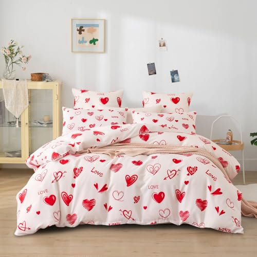 Freyamy Housse de Couette 220x240cm Amour Rose Parure de lit 2 Personne en Microfibre avec Fermeture Éclair Réversible Sets de Housse Couette Cœur avec 2 Taie d'oreiller 65 x 65cm pour Amoureux