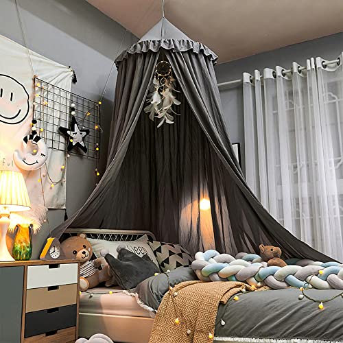Betthimmel für Mädchen und Jungen, Einzel- und Doppelbett, rund, Kuppelbett, Moskitonetz, Schutzdach, Spielzelt, Schlafzimmer, Kinderzimmerdekoration, hängendes Vorhangnetz (gerüschtes Grau)