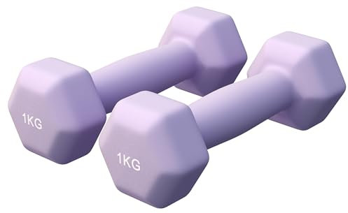 GORILLA SPORTS® Hanteln Set - Neopren, 2 x 1 kg, Gusseisen, Lila - Hexagon Kurzhanteln, Hantelset, Hantel Gewichte, Kurzhantelset für Pilates, Frauen, Männer, Fitness, Aerobic, Gymnastik