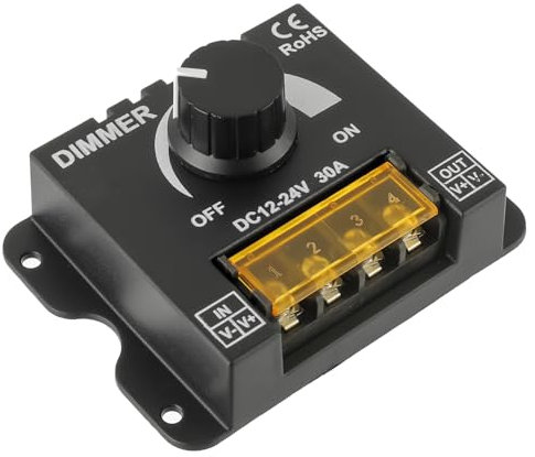 HUAREW LED-Leuchtstreifen Dimmer, DC 12V-24V 30A PWM-Dimmcontroller,mit EIN/AUS-Knopf zur Einstellung der Helligkeit, LED Dimmer Controller Aluminium Gehäuse, Passend für 5050 3528 LED Leuchtstreifen