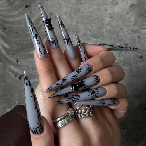 Mrltau 24 PCS Ongles Pressables Extra Longs, Designs Ongles Pressables Noirs, XL Ongles à Coller Longs, Ongles Artificiels Acryliques, Faux Ongles pour Femmes et Filles