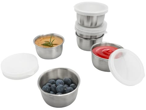 HYSHLC 6 Pcs Stainless Steel Dip Bowls with Lids, 40ml Portable Leak-Proof Soy Sauce Dish, Reusable Mini Seasoning Storage Containers for Party Home Picnic Restaurant
