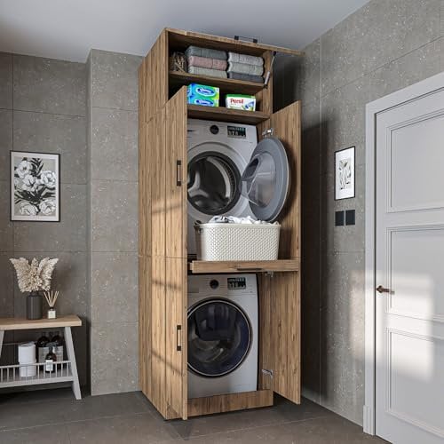 ROOMART Waschmaschinenschrank Dora für Trockner & Waschmaschine, in 4 Farben, mit Türen & Ausziehbrett (Eiche - 230 cm hoch -)