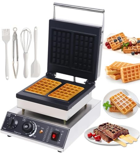 pealiritansemen High-Capacity Electric Waffle Iron With Baking Kit | Commercial Stainless Steel Waffle Maker Machine, Dual Heating Plates & Overflow Groove, For Cafes/Catering/Family Desserts,2-Slice