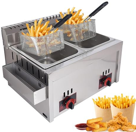 Zickdom Friteuse Professionnelle en Acier Inoxydable avec 2 Paniers - Friteuse à Gaz Durable pour Restaurant et Cuisine Domestique 62×47×40cm-A