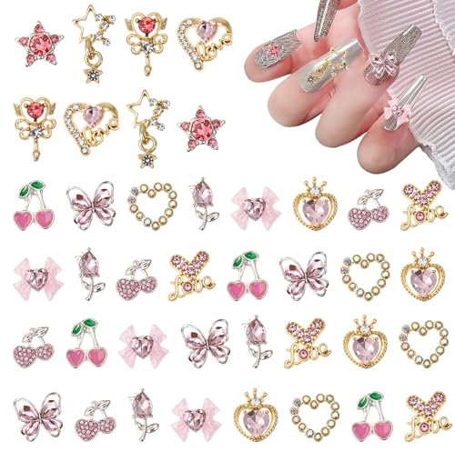 Tucnoeu 48 Stück Nail Art Charms, 3D Charms Nägel, Metall Nagel Schmuck mit Rosa Silber Gold Strasssteine für DIY Nageldesign