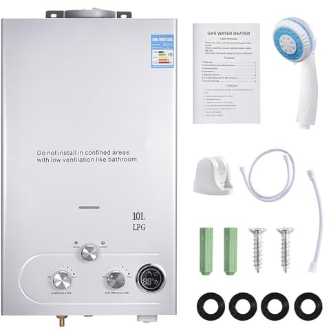 Durchlauferhitzer Gas 10L, 20KW LPG Gasdurchlauferhitzer Warmwasserbereiter Super Niedrigem 0,5bar Startwasserdruck, Tragbarer Gas Durchlauferhitzer, für Dusche im Außenbereich Dusche Bad Camping