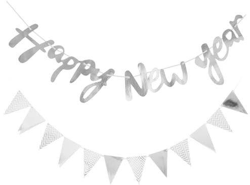 Happy New Year Girlande Silvester Deko 2027 Silber,Silvesterdeko 2027 Deko | 2 Stück Silvester Party Girlande mit Wimpelkette Banner für Drinnen Draußen Silvesterparty Neujahr Party Dekoration
