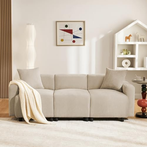 ZONJIE Modernes Sofa, gepolstertes 3-Sitzer-Sofa mit 2 Kissen, Sofas & Couchen für Wohnzimmer und Schlafzimmer, Chenille, Beige, 211 x 67 x 71 cm