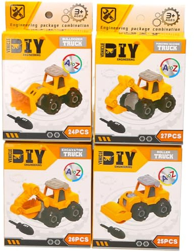 eMKay® DIY Construction Truck 4-Pack – Build & Take-Apart Engineering Toy Vehicles with Plastic Screwdriver – Assorted Bulldozer, Excavator, Roller & Crane – Ages 3+
