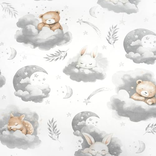 TexTrend Stoff Baumwollstoff Meterware - 1 Meter 160 x 100 cm - Stoffe zum Nähen - Kinder - Bären Tiere Grauen Wolken