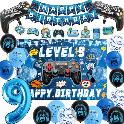 9th Birthday Decorations Banner Set - Blue Gaming Theme Balloons Kit with Hanging Swirls, Happy Birthday Backdrop Banners and Foil Balloons for Boys 9 Years Old Party Supplies