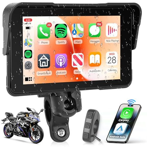 Rimoody 5 Pouces Écran Carplay pour Moto avec Commande au Guidon, Support Amovible, Moniteur sans Fil CarPlay & Android Auto, Radio CarPlay Étanche IP68 Bluetooth/Contrôle de la Pression des pneus