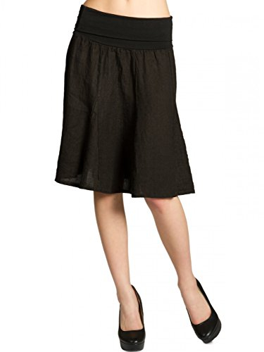 Caspar Damen Midi Sommer Leinenrock Knielang Sommerrock mit Stretch Bund - RO014, Farbe:schwarz, Mode Größe:S-M