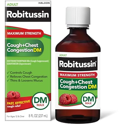 Robitussin Adult Maximum Strength Cough + Chest Congestion DM Max (8 fl. oz. Bottle), Cough Suppressant & Expectorant, Raspberry Flavor