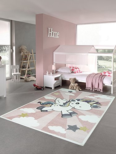 Kinderteppich Spielteppich Babyteppich mit Einhorn Regenbogen in Rosa Creme Größe 160 cm Rund