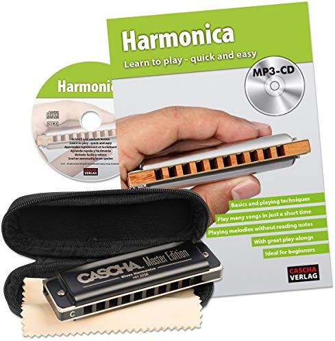CASCHA Mundharmonika Lern-Set inklusive hochwertiger Harmonika in C-Dur diatonisch, Englischer Einsteiger Schule, Case und Pflegetuch, ideal für Anfänger und Erwachsene