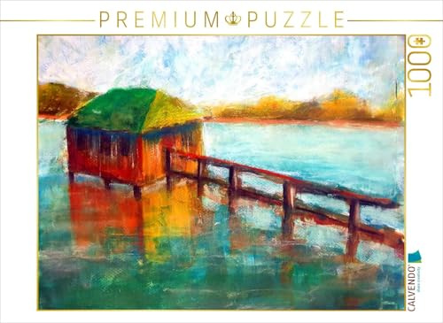 CALVENDO Puzzle Bootshütte am Kochelsee (Gouache und Pastellkreide) | 1000 Teile Lege-Größe 64 x 48 cm Foto-Puzzle für glückliche Stunden