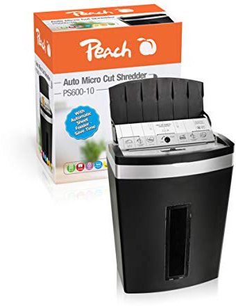 Peach PS600-10 Mikroschnitt Aktenvernichter | 90 Blatt | 20 Liter/250 DIN A4 | 3 x 10 mm Partikelgröße (P-5) | Autofeed | Dauerbetrieb 10 min/über 400 Blatt | DSGVO konform