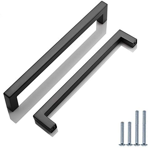 PinLin 15 Pack Cabinet Handles Hole Center 192mm Flat Black Kitchen Door Handles Stainless Steel Drawer Pulls Square T Bar Cupboard Handles with Screws