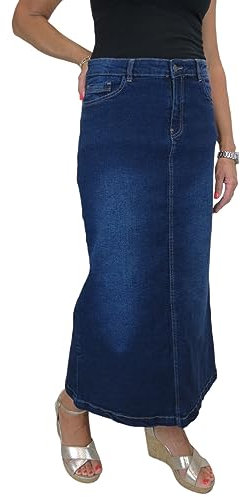 icecoolfashion Women's Very Stretchy Denim Maxi Skirt Ladies Casual Straight Long Jeans Skirt Dark Blue Faded 10-22 (12)