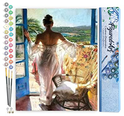 Figured'Art Malen Nach Zahlen Erwachsene Frau am Fenster - Paint by Numbers Basteln DIY Bastelset 40x50cm ohne Holzrahmen